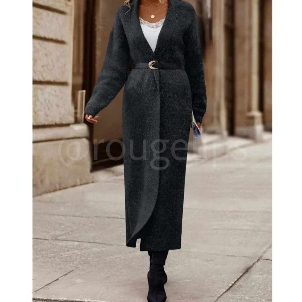 Charcoal Grey Duster Shawl Cardigan Knit Long Open Long Sleeve - Picture 6 of 9